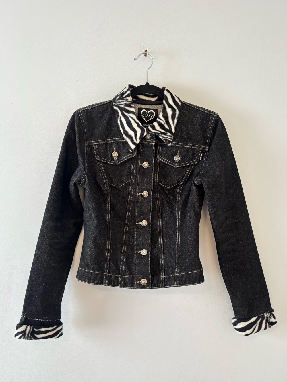 XOXO Jeans Vintage Y2K Zebra Print Trim Denim Jacket Jean Fitted Button-Up
